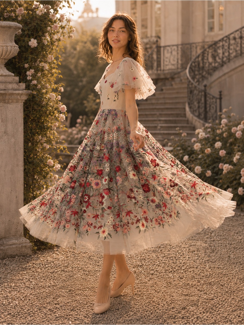 JessaKae Florence Dress Champagne Floral Embroidered Tulle Midi XS